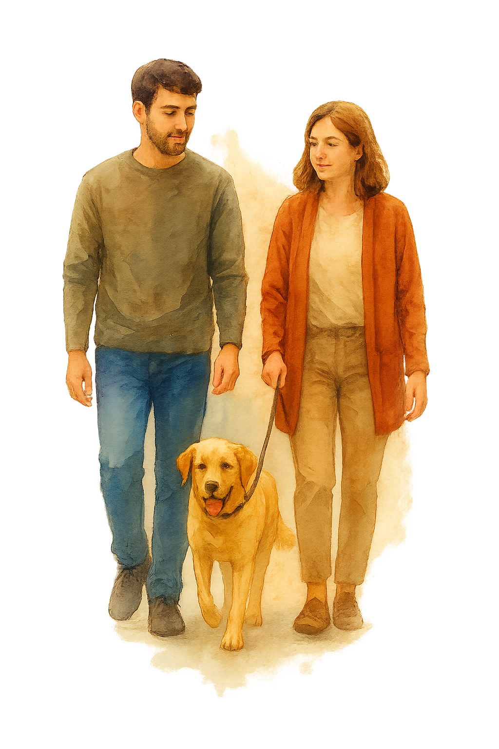 Coppia che cammina con il cane, illustrazione ad acquerello